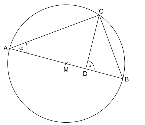 Geometrische Zeichnung eines Kreises mit Punkten A, B, C, D und M sowie eingezeichneten Strecken und Winkeln.
